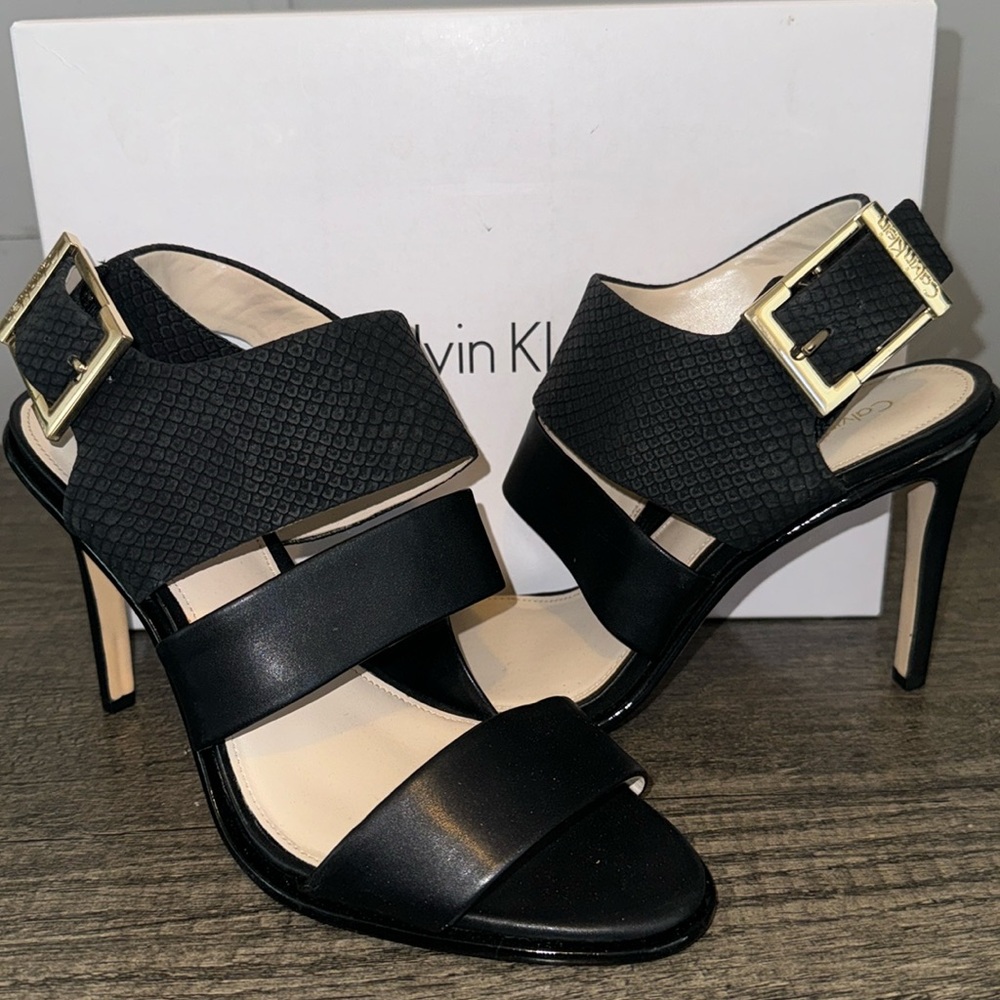 Calvin Klein NEW Black Matte and Snake Print Heels with Gold Buckle